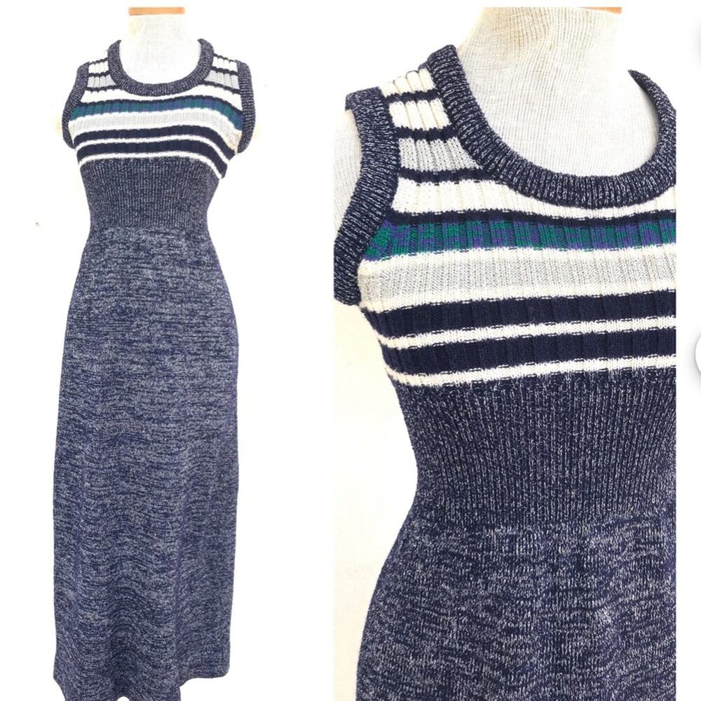 Vtg Jon Michels 1970 knit wool blend metallic strip woven maxi dress 9-10